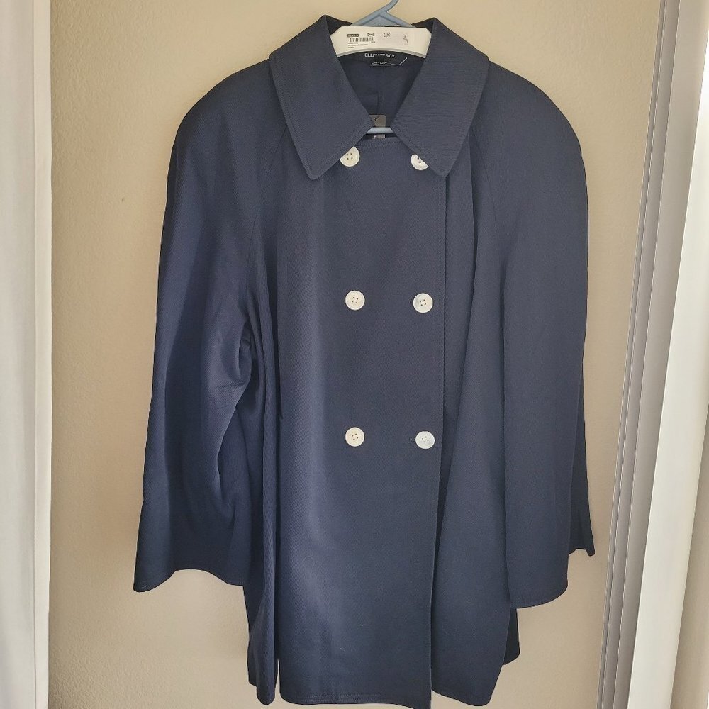 Ellen Tracy Navy Double-Breasted Coat with White Buttons, Size 24